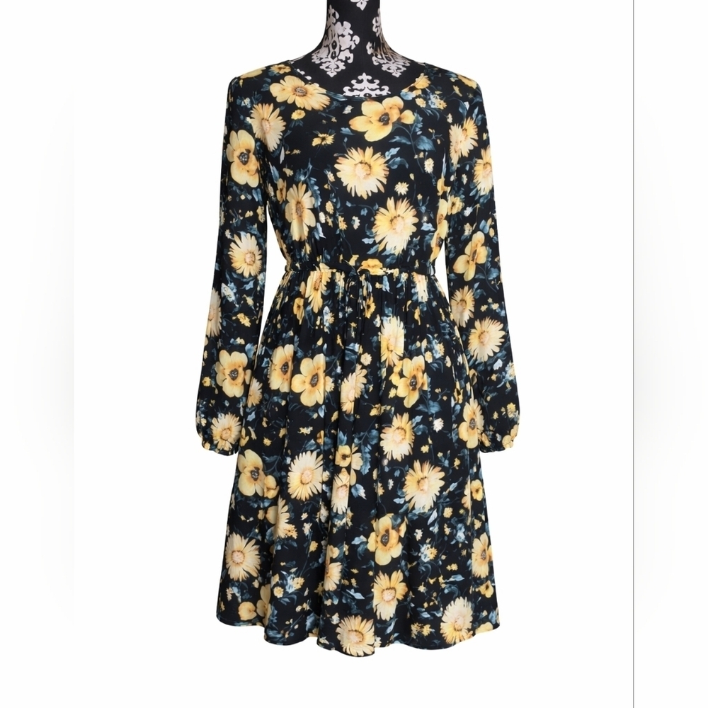 Torrid Size 0 Large Black Yellow Floral Long Sleeve Dress Elastic Waist With Tie